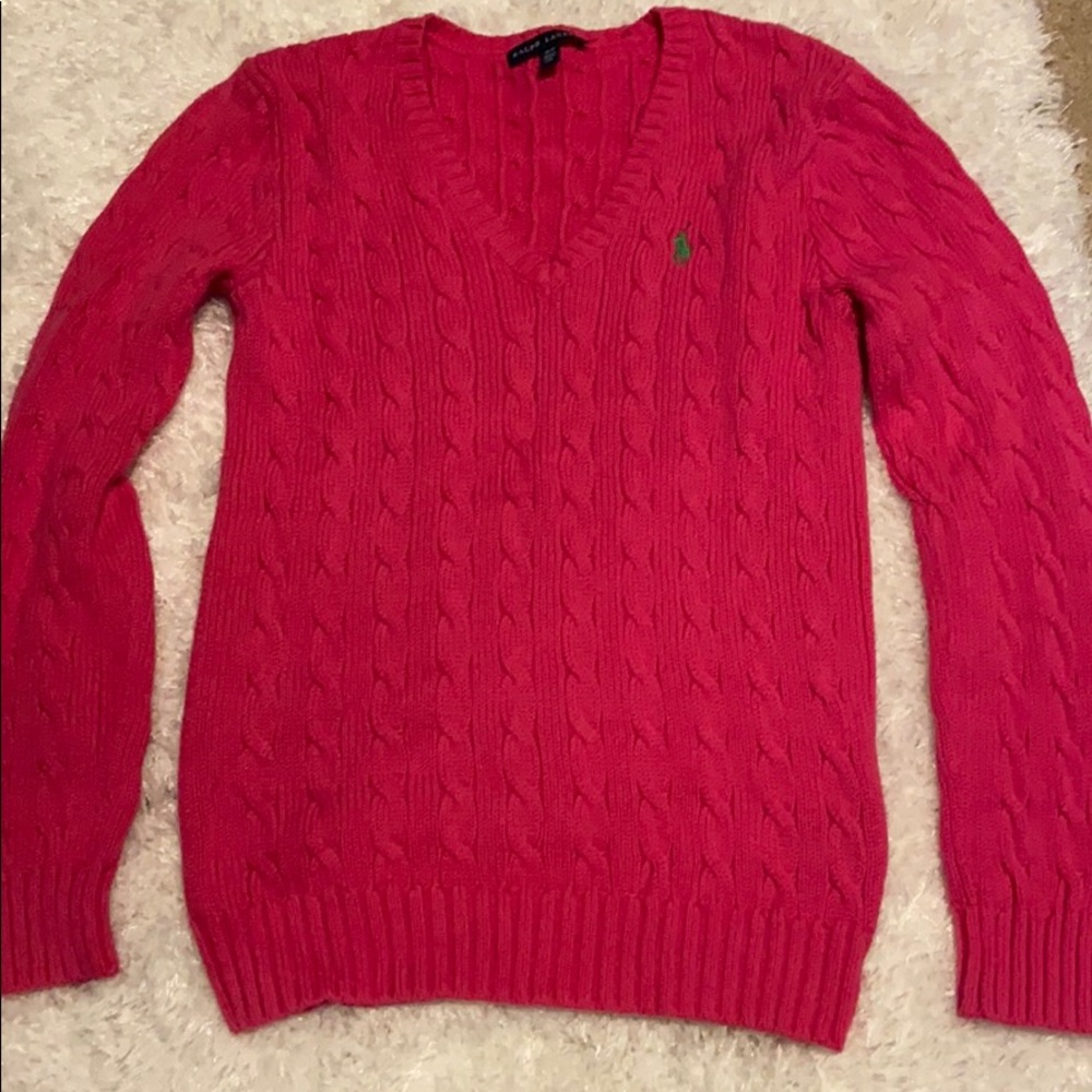 Hot Pink Ralph Lauren V-Neck cable knit Sweater
